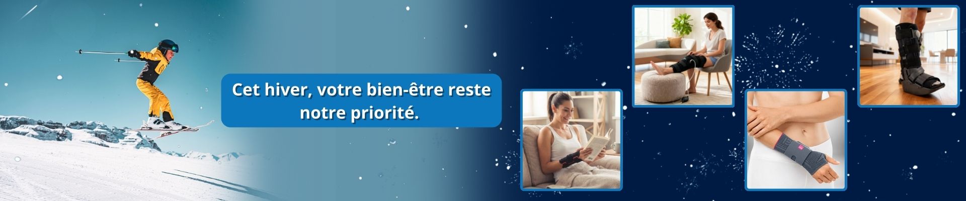 Bannière de Noël TousOrtho.fr mettant en avant divers produits orthopédiques pour le confort au quotidien, accompagnée d’illustrations festives de fin d’année